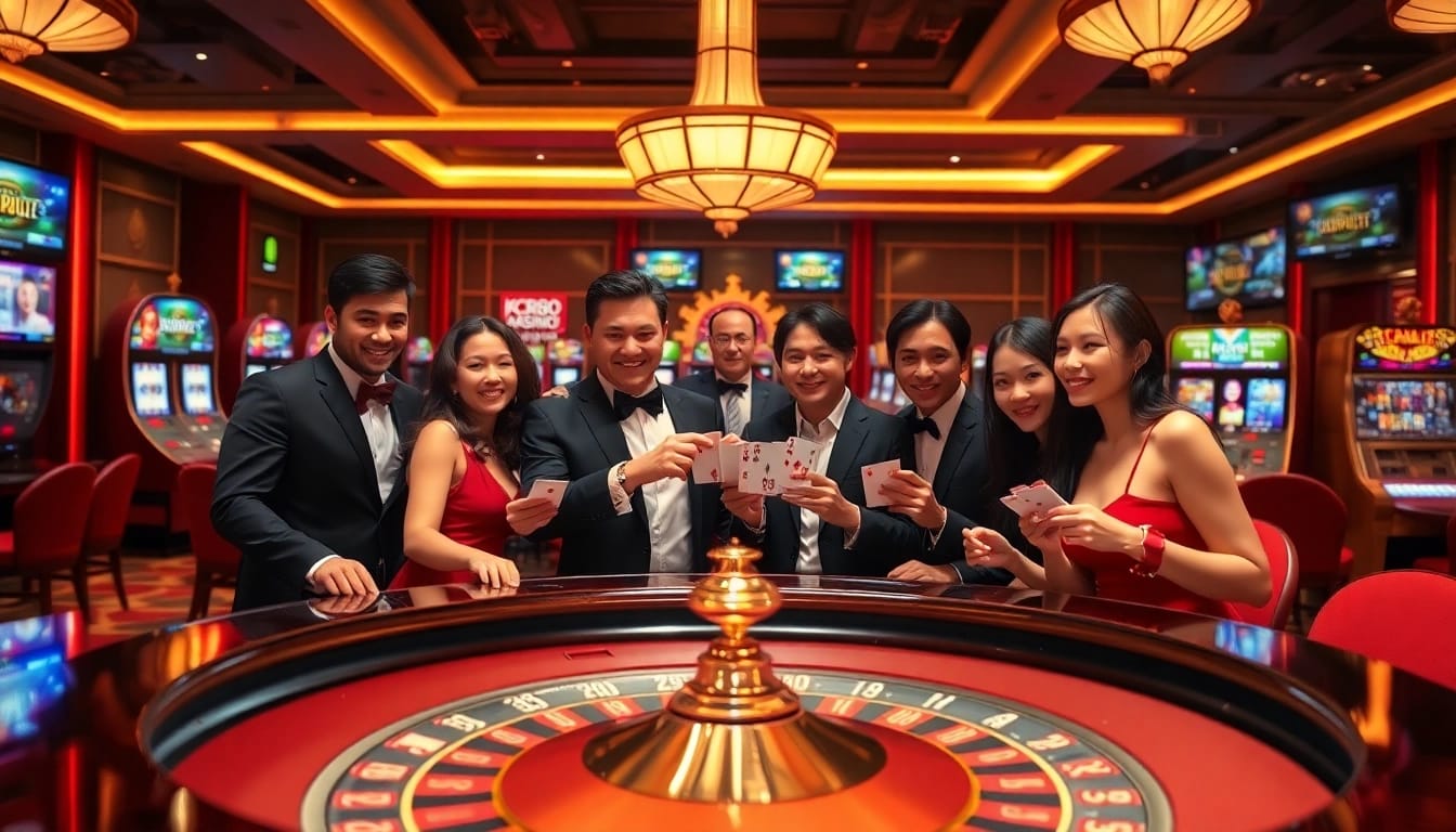 Exciting gambling scene at RR88 with players engaged at a roulette table and slot machines.