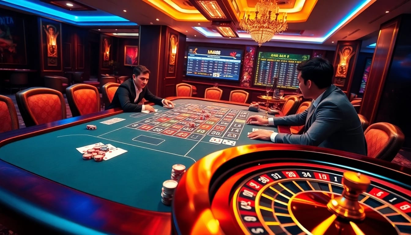 MM88 poker players enjoying a thrilling high-stakes game at a luxury casino table.