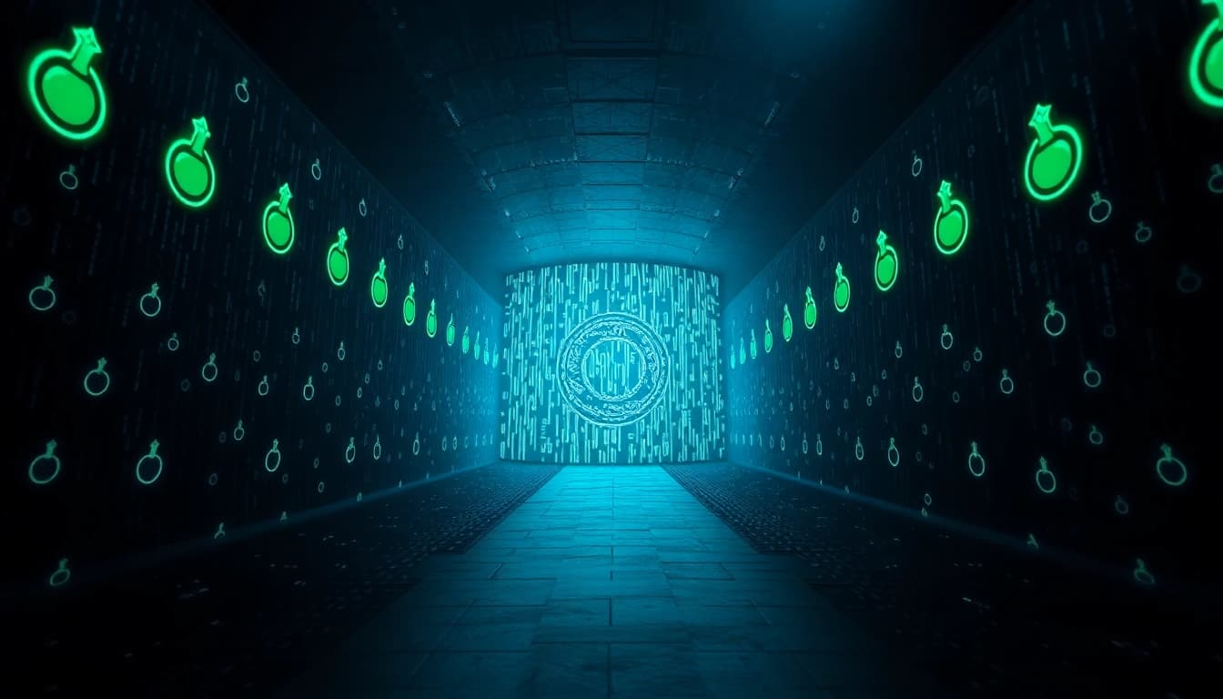 The hidden wiki illuminated through a mysterious dark web tunnel, showcasing .onion symbols.