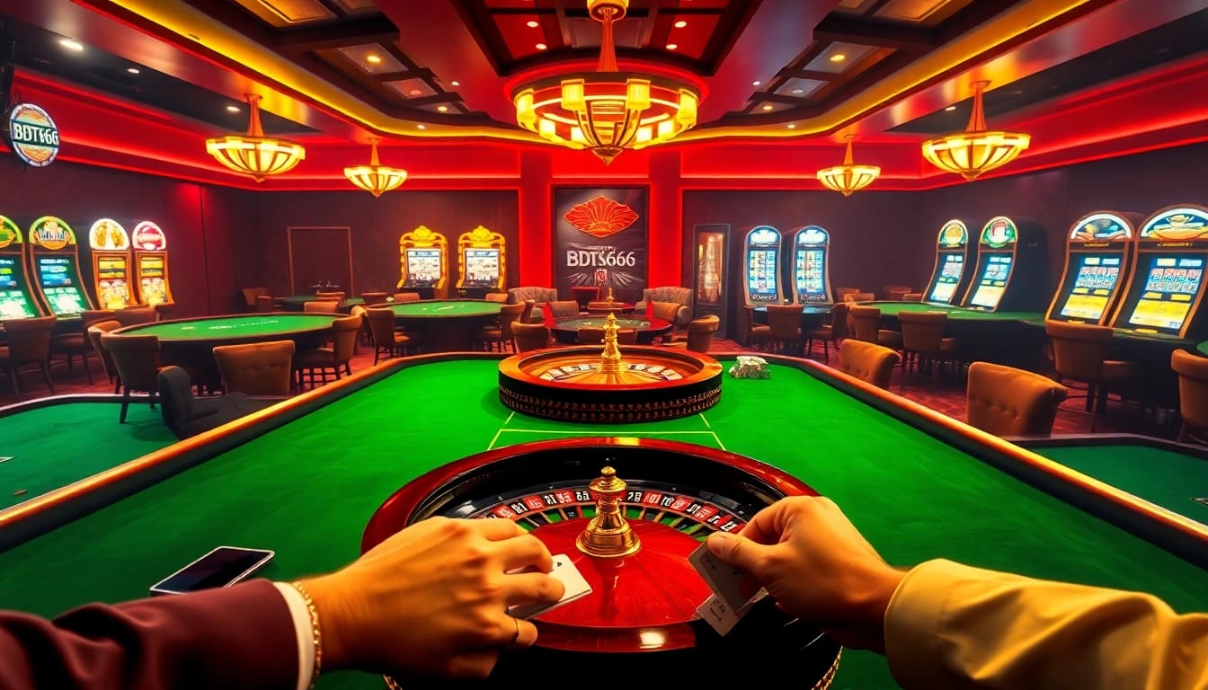 Experience the thrill of BDTK666 with a stunning casino scene featuring roulette, poker, and vibrant slot machines.