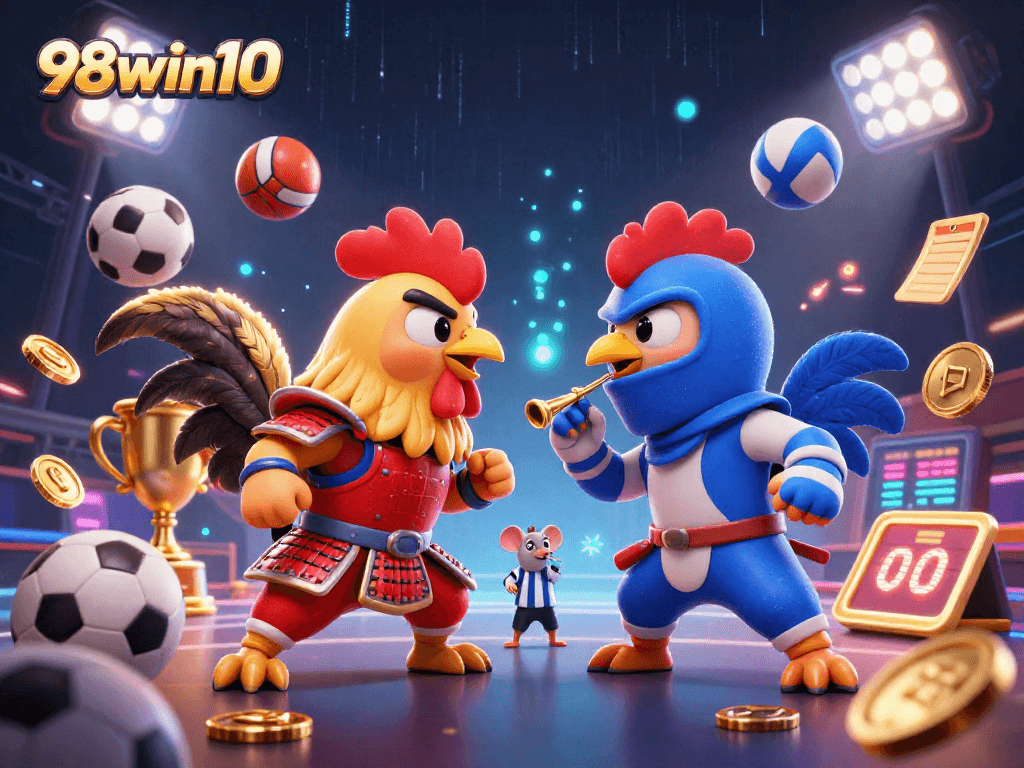 Experience the tension of 98win10 as rooster warriors clash with sports elements, creating an exciting betting atmosphere.