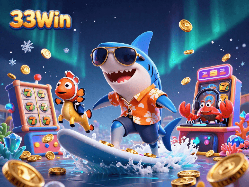 Engage with the thrilling adventure of 33Win as a shark rides gold coins amidst vibrant casino elements.