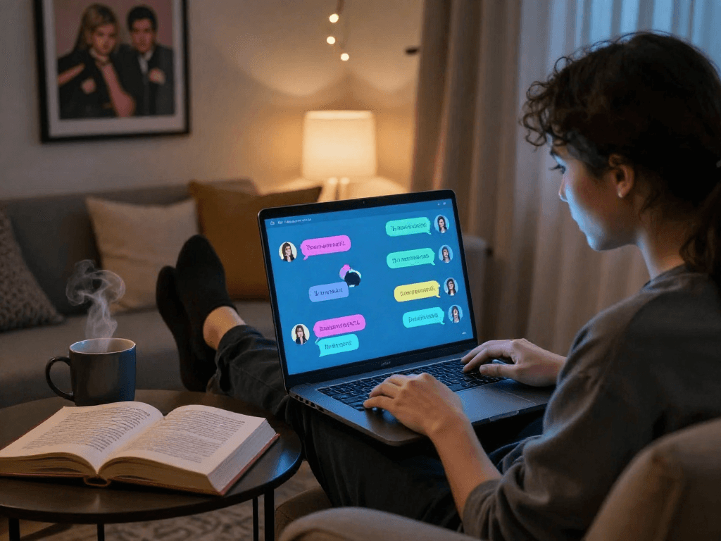 Interactive nsfw chat bot interface during user engagement in cozy, inviting space.