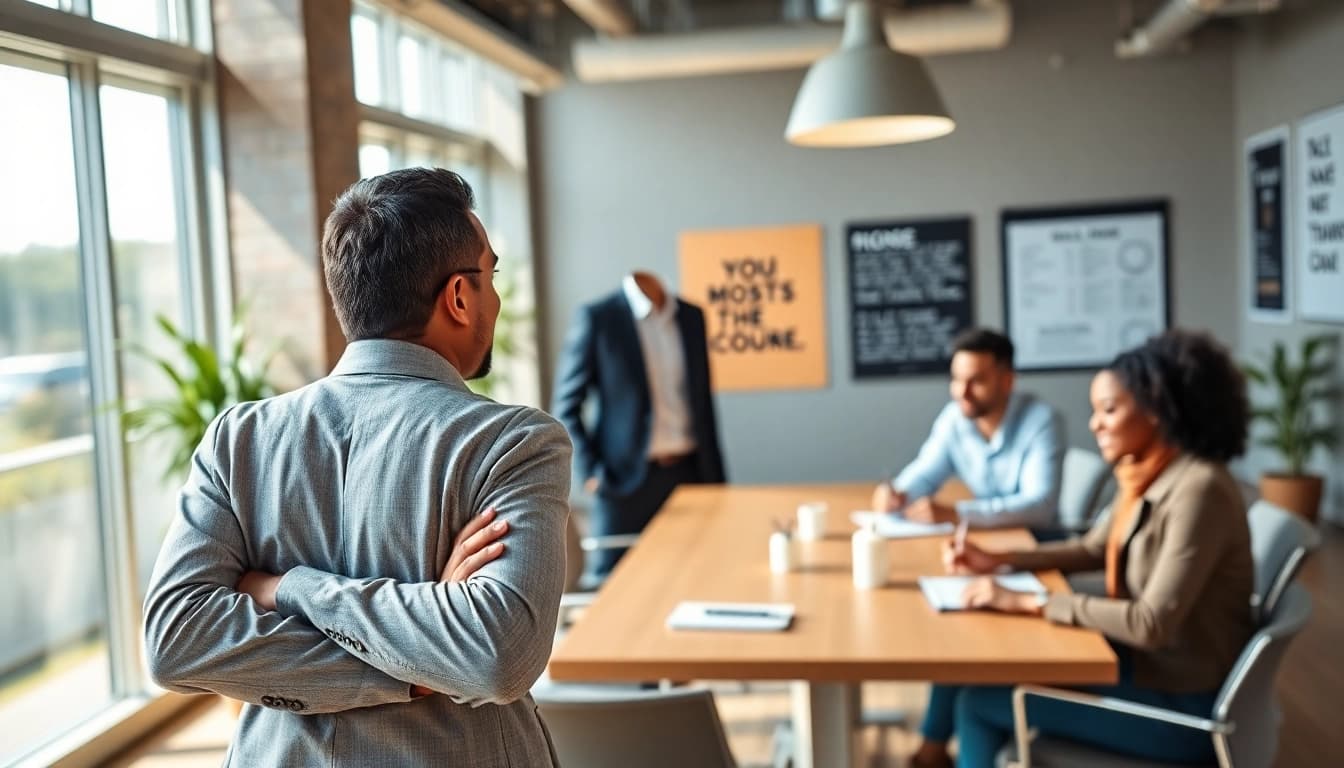 Engaging scene with a business coach near me leading a group workshop in a bright office.