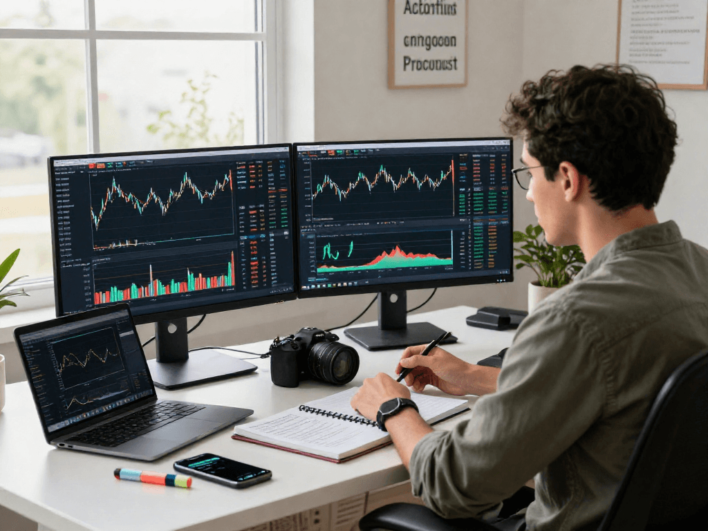 Dynamic TradingView interface on dual monitors in a modern financial workspace, showcasing analysis and trading insights.