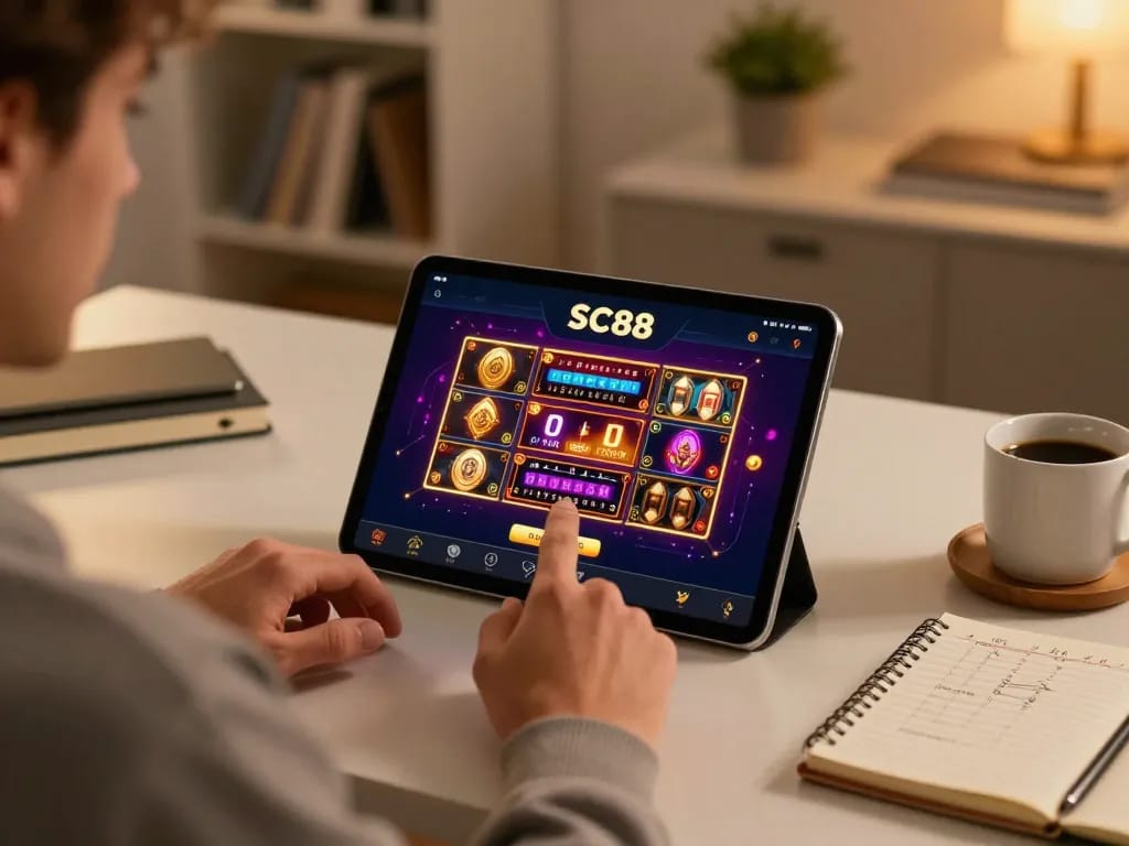 Player immerses in SC88 online gaming experience using a tablet with strategic notes nearby.
