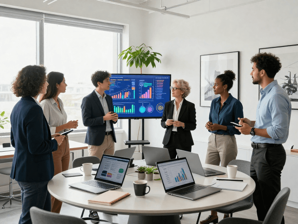 Business professionals collaborating in a modern office setting showcasing Stephen Gleave Ancaster's innovative approach