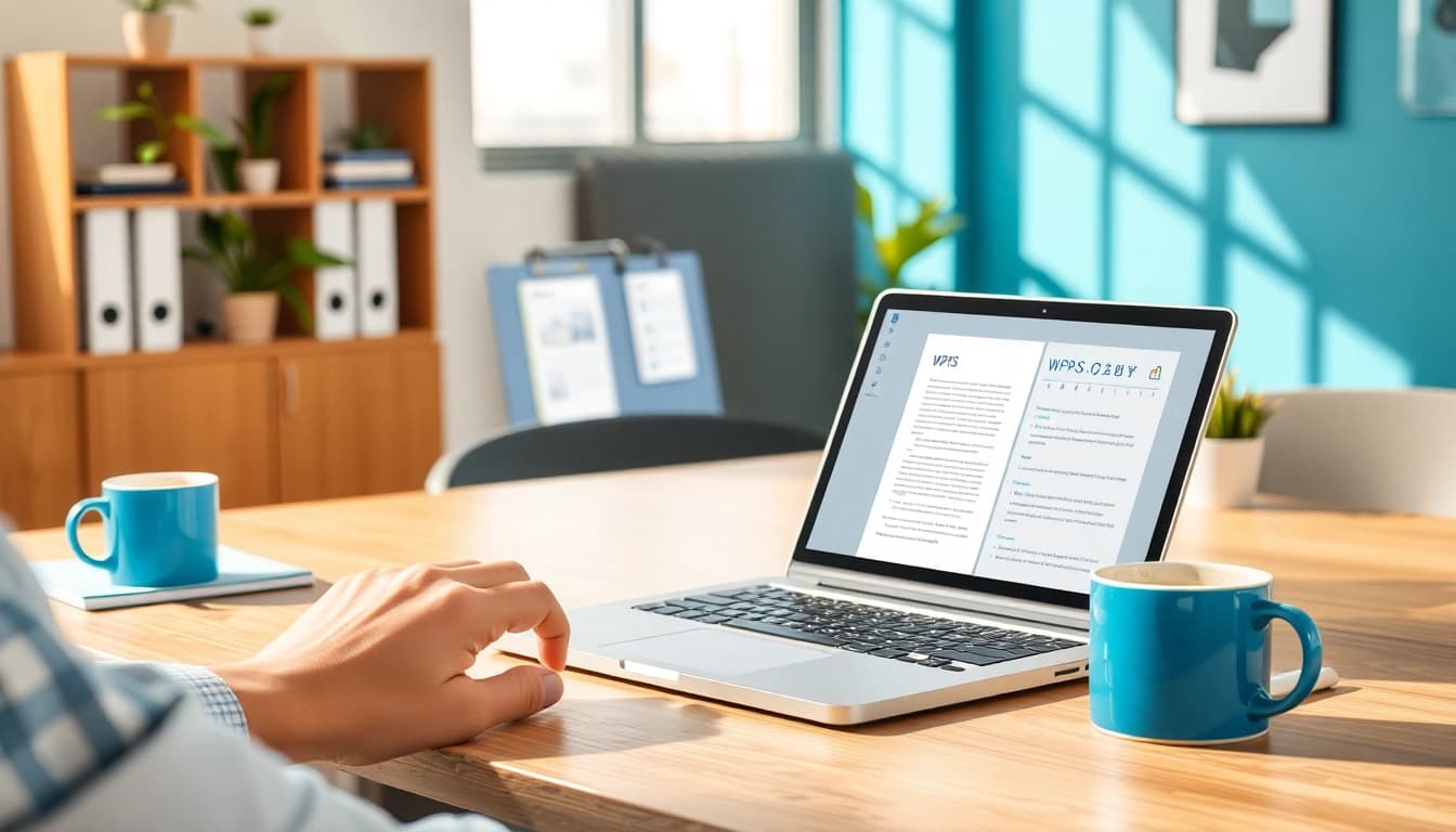 Efficient workspace with WPS电脑版 software on a laptop, showcasing document editing.