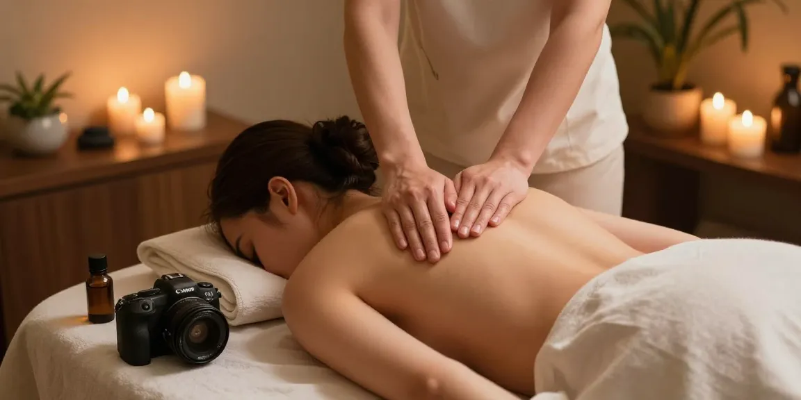 마사지 세션 중인 모습으로, 마사지 테이블 위의 고객을 위한 스웨디시 마사지, 편안한 분위기와 아로마 초가 있는 모습