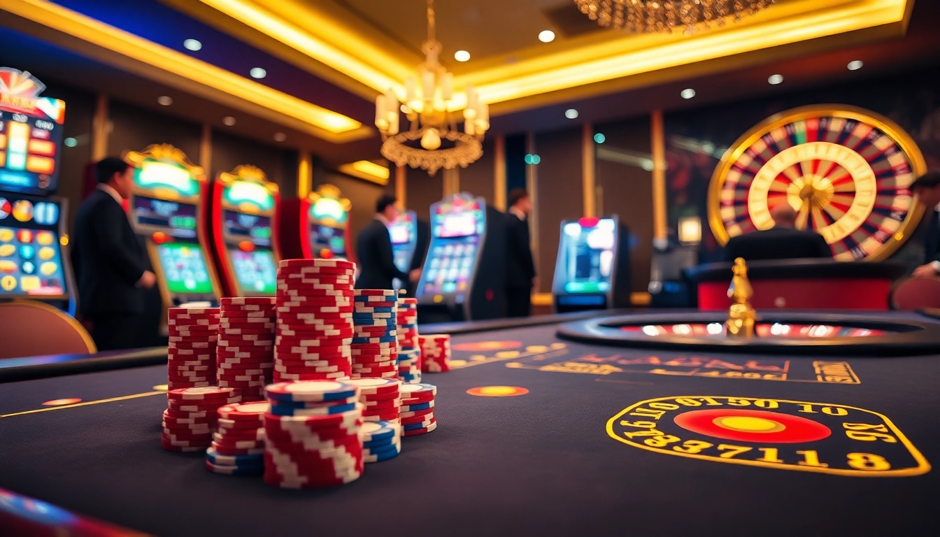 Une expérience excitante de casino en ligne avec des jetons de poker vibrants et une roulette, mettant en avant le luxe.
