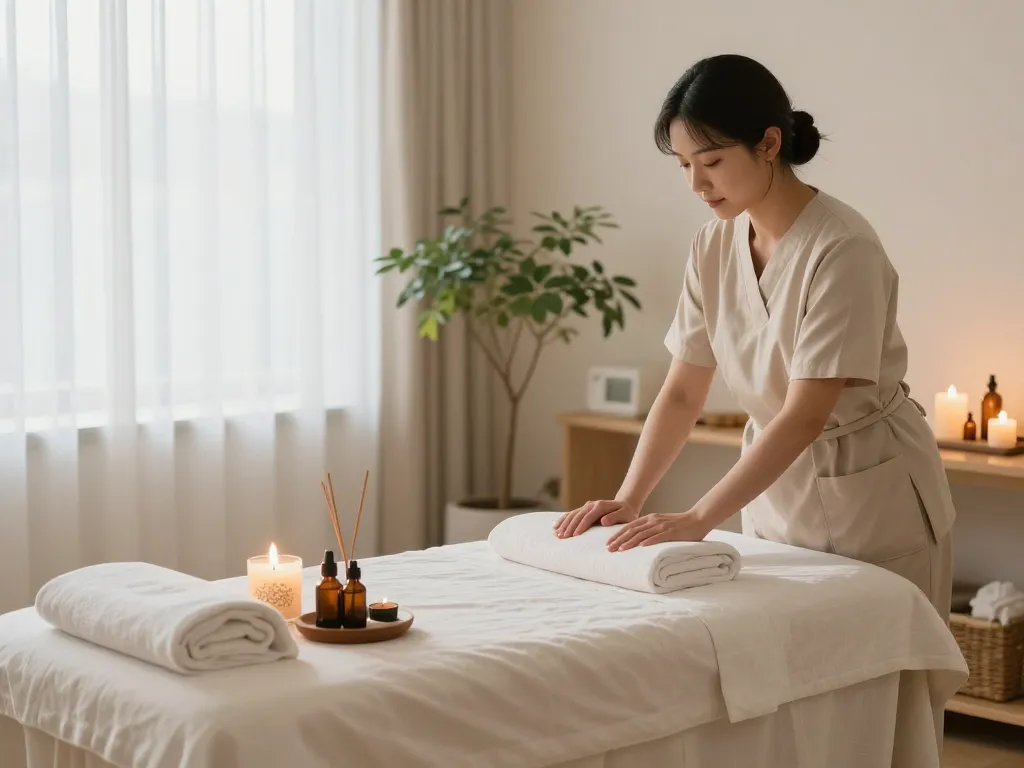 Relaxing massage therapy room prepared for 삼성동마사지 treatments with calming atmosphere and natural light.