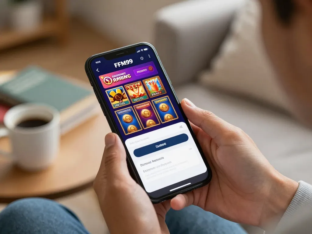 Player engaging with FCM99 login screen on mobile device in a cozy living room, emphasizing strategic gaming.