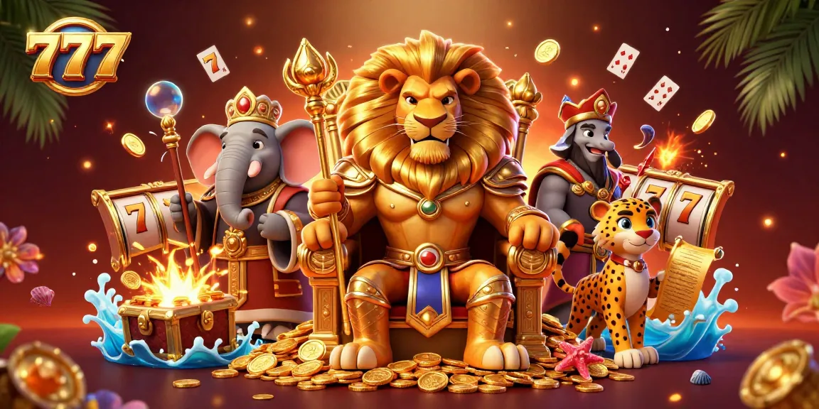 Engage with the exciting 777 slot gaming experience featuring a lion king, elephant advisor, and cheetah messenger.