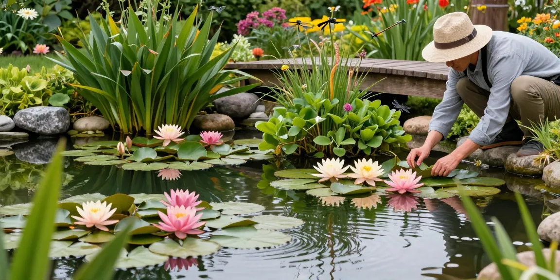 Gardener tending to British pond plants with vibrant water lilies in serene garden pond setting.