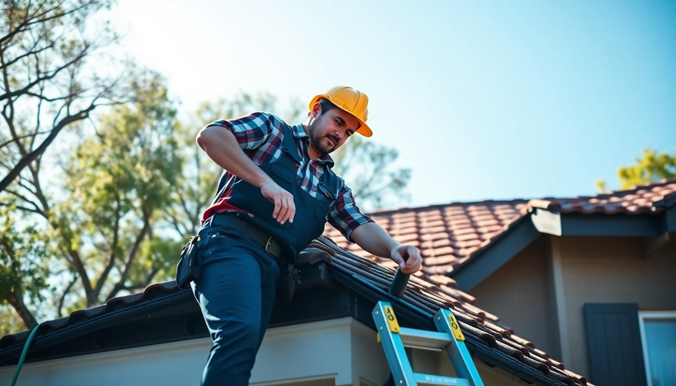 Roofing contractor examining a rooftop with diverse materials in a professional setting.