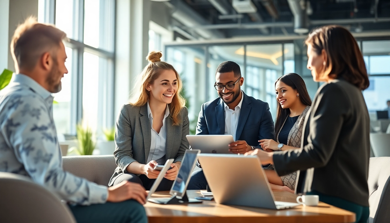 Engaging visual of an assistant for enterprise aiding a diverse team in a collaborative workspace.