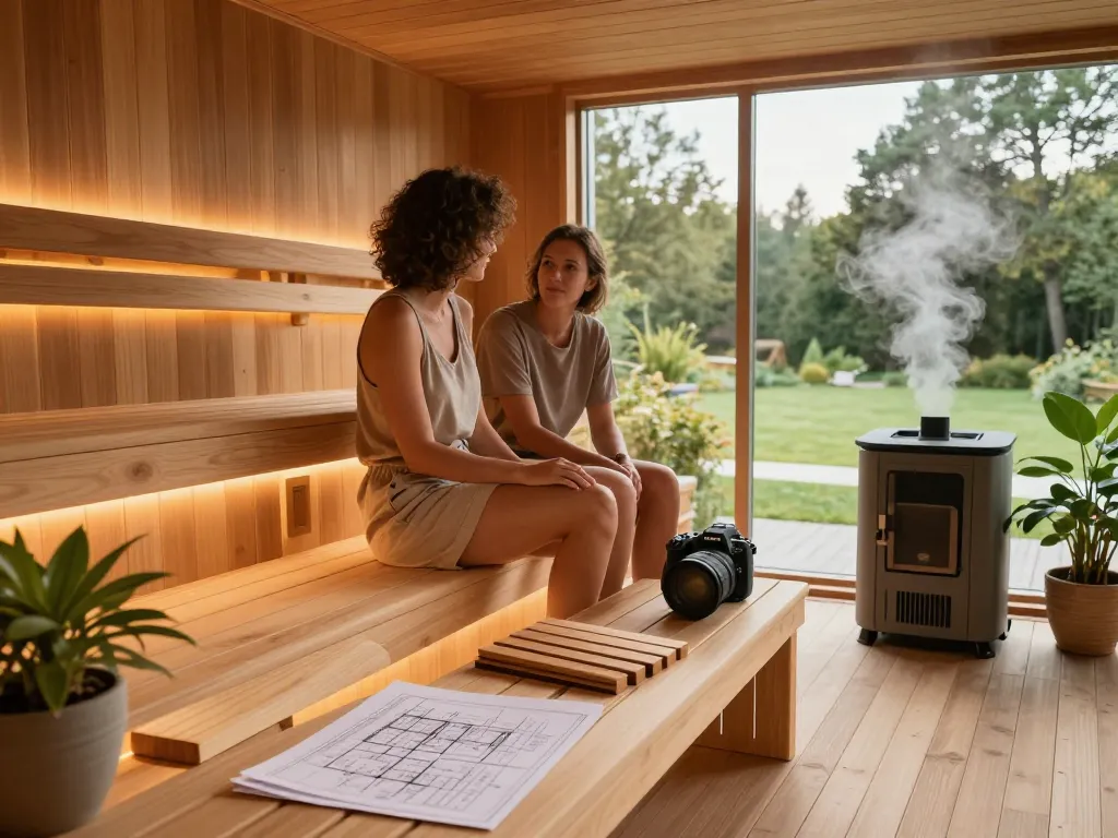Customized sauna design with couple discussing sauna customization options amidst wood samples and relaxing atmosphere