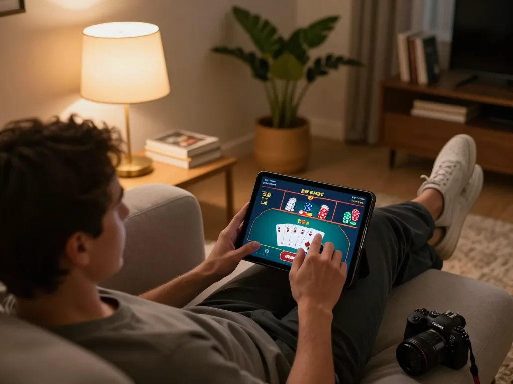 Play poker online at dn88 on tablet in a cozy living room with warm lighting.