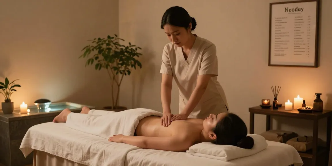 마사지 중인 고객과 테라피스트, 아로마 캔들과 식물이 있는 편안한 공간.