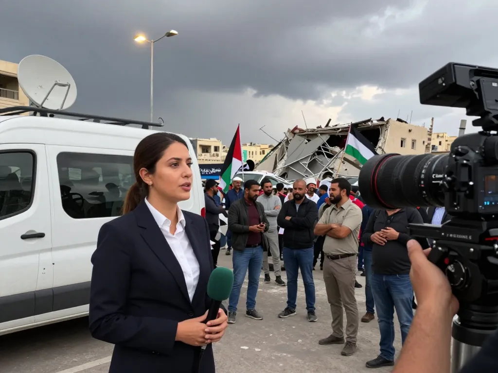 Journalist covering the Middle East crisis in an urban area, capturing urgency and impact.