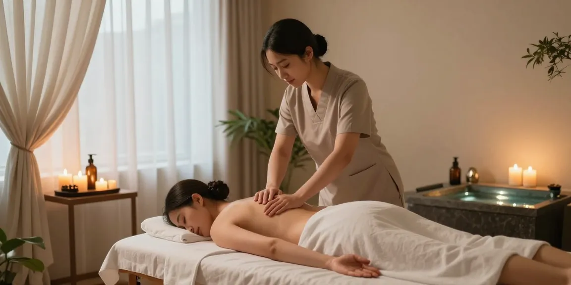 논현동 마사지 전문가가 고객에게 스웨디시 마사지를 제공하는 편안한 스파 환경