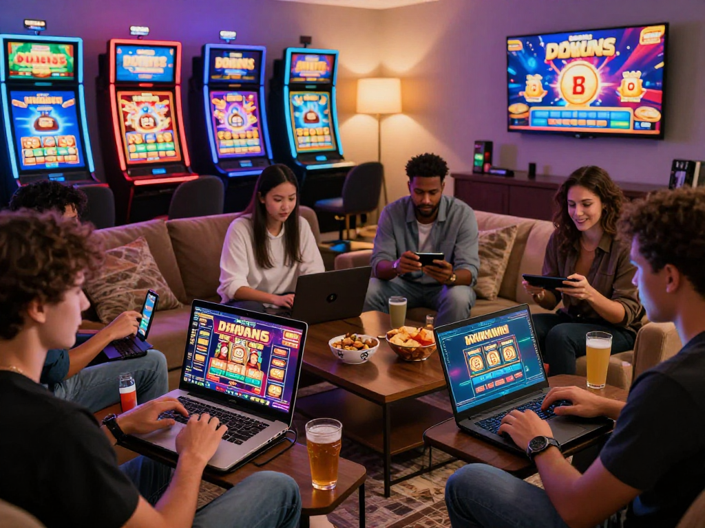 Engaging scene of players enjoying USA online casinos on laptops in a cozy setting amidst vibrant online game graphics.