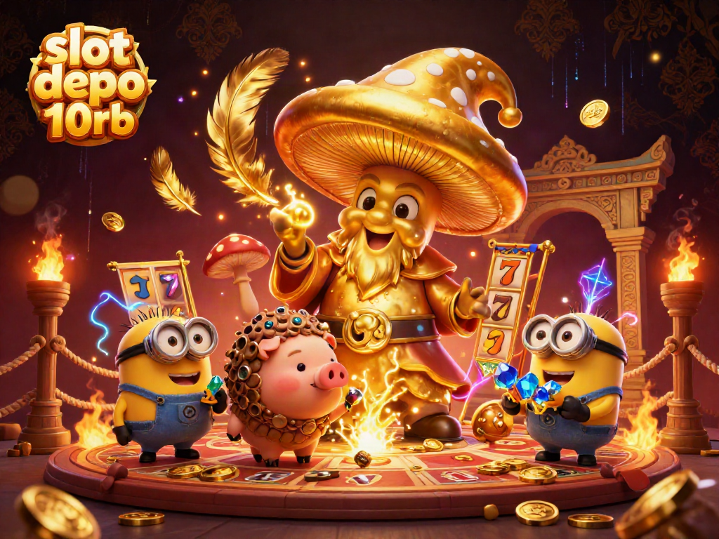 Experience slot depo 10rb with the golden mushroom wizard wielding treasure in a vibrant casino scene.