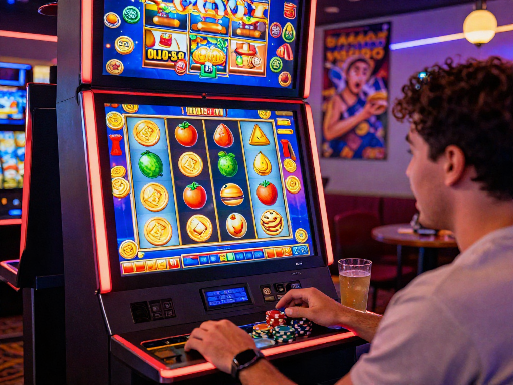 Excited player enjoying a slot bonus new member 100 on a mobile device in a lively casino setting.