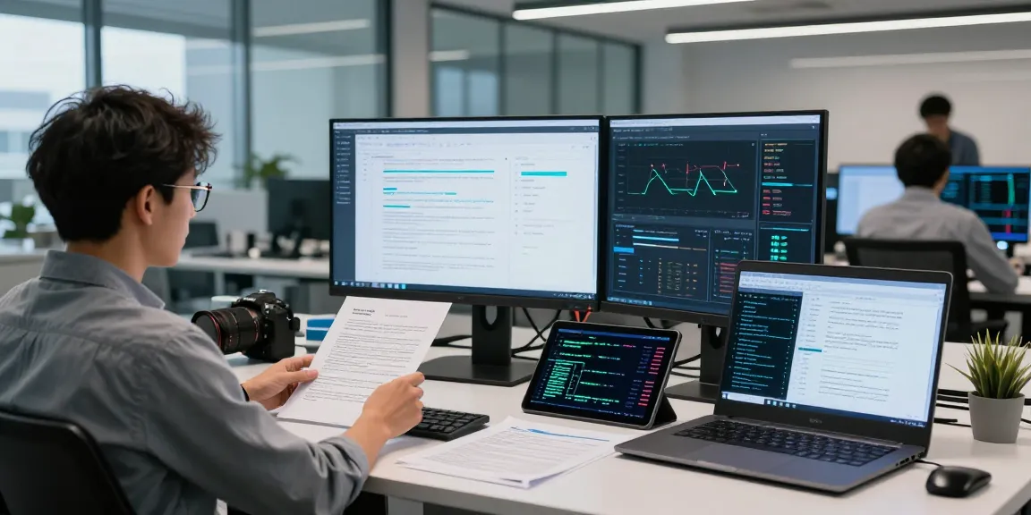 Data scientist detecting fraud in PDF documents using advanced AI technology in a sleek digital lab.