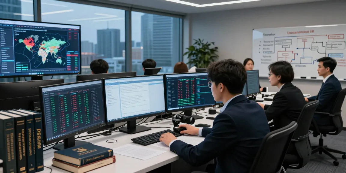 Data analyst focusing on financial crime intelligence in a modern operations room with high-tech displays and analytical tools.