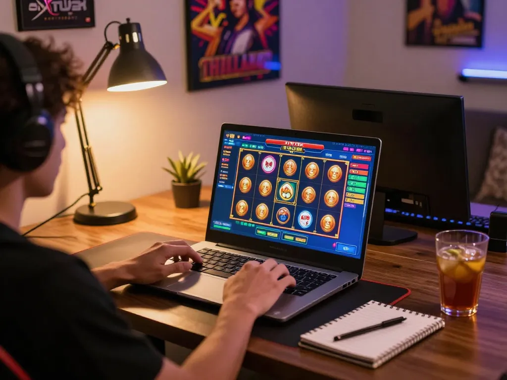 Playing an online slot at home, featuring slot thailand no 1 for an exciting gaming experience
