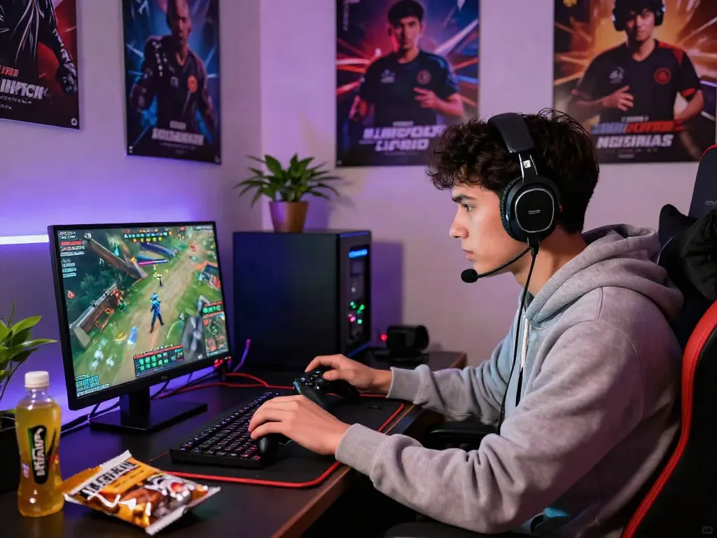Gamer focused on link alternatif djarum bos gameplay in vibrant gaming room with LED lights.