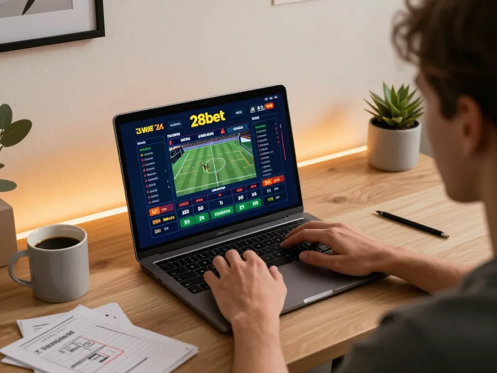 Engaging online betting experience on 28bet with laptop showing live odds.