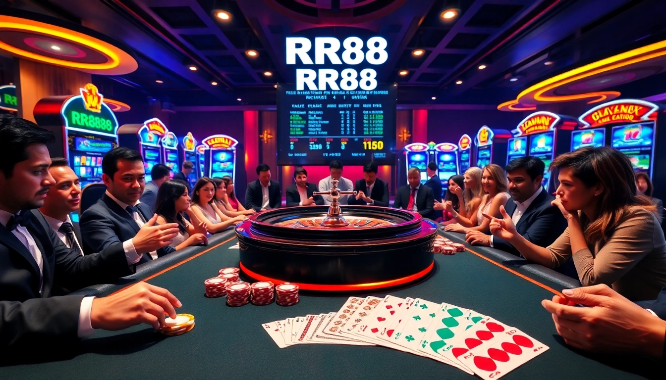 Players enjoying a thrilling game at the RR88 casino table surrounded by vibrant visuals.