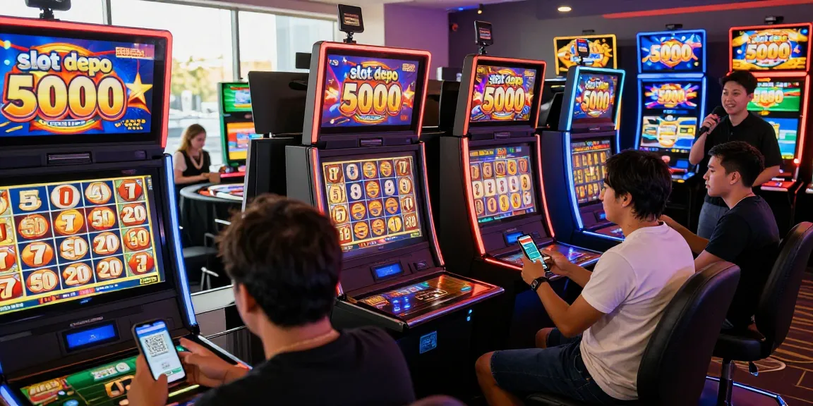 Exciting scene of players engaging with slot depo 5000 games in a vibrant casino, showcasing digital slots and QR code deposits.