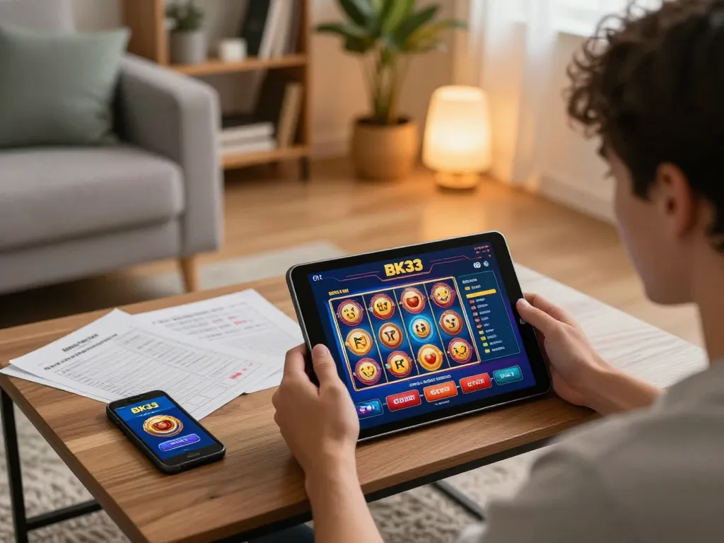 Player enjoying BK33 slot games on tablet in a cozy home setting with strategy notes and smartphone.