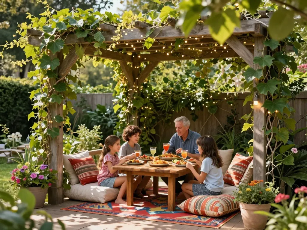 A family enjoying a meal under a beautifully designed 3D pergola in a sunny garden setting.