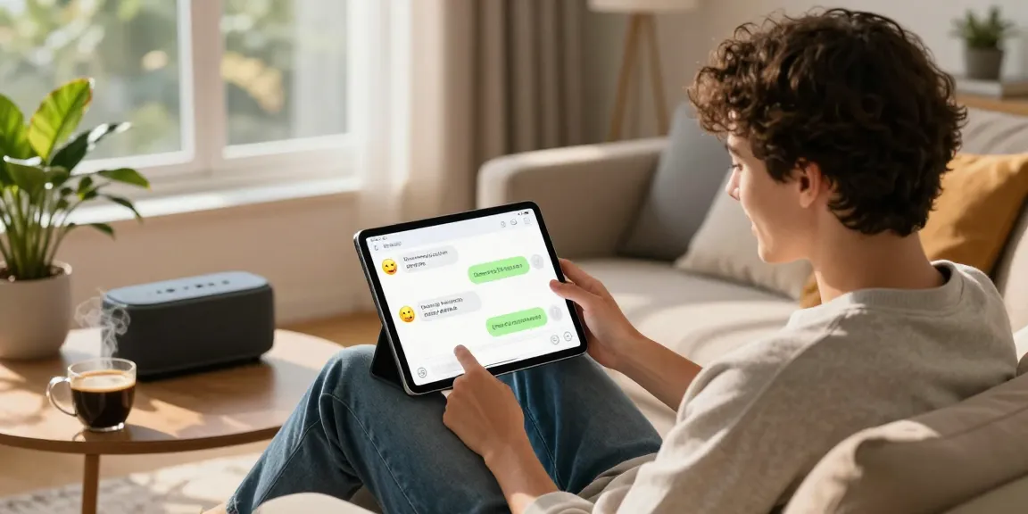 Engaging scene of a user interacting with an nsfw chat bot on a tablet in a cozy living room, embodying modern digital companionship.