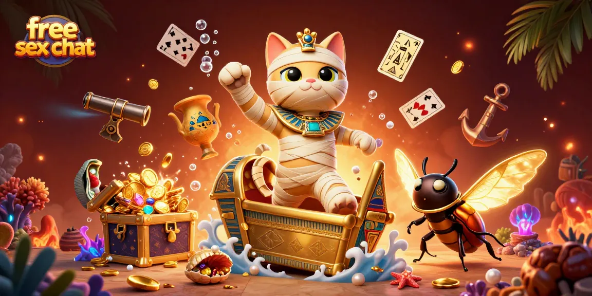 Engage in thrilling free sex chat with an animated Egyptian mummy cat and glowing scarab beetle.