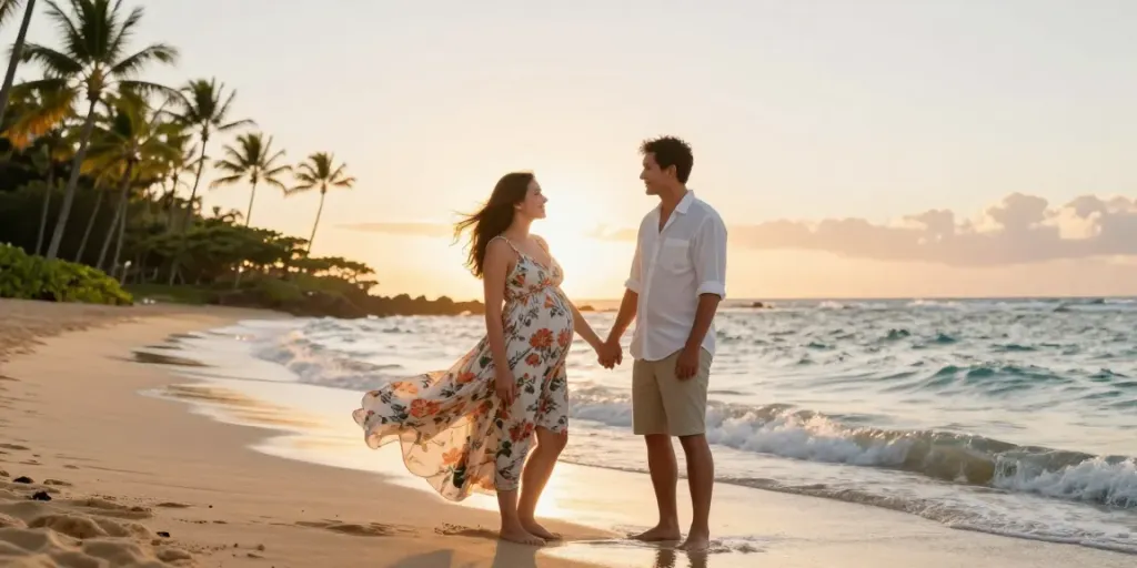 Oahu maternity photographer captures a couple's sunset beach photo session with stunning tropical backdrop.