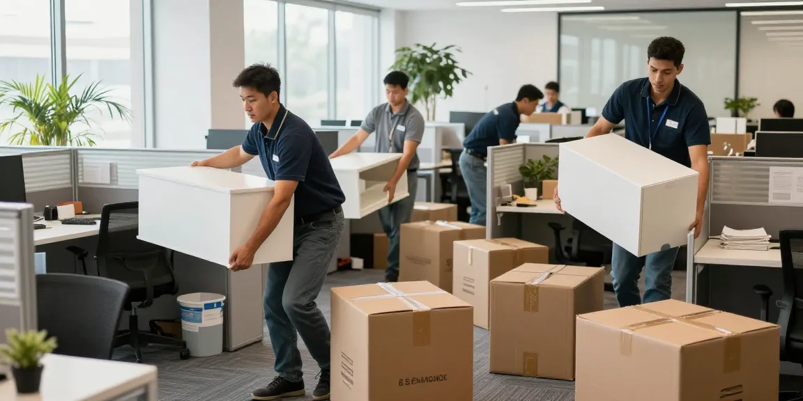 Professional commercial movers efficiently packing and handling office equipment during relocation.