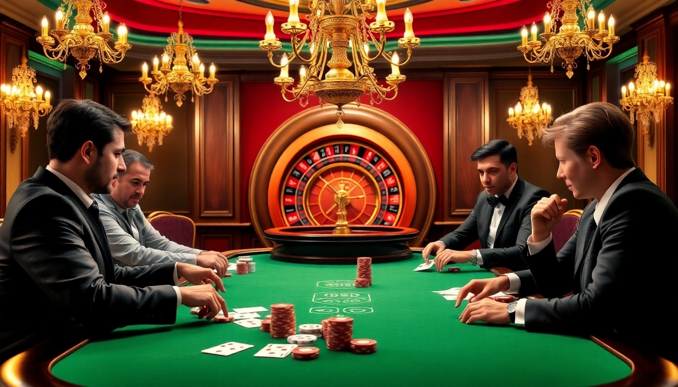 Une scène de casino en ligne luxueuse avec des joueurs engagés au poker, mettant en avant des tables vibrantes et une roue de roulette.