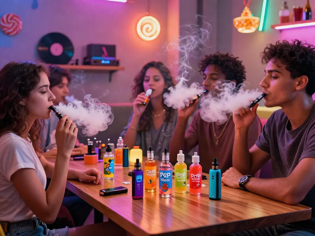Friends savoring Pop Clouds Butterscotch e-liquid in a lively vape lounge.
