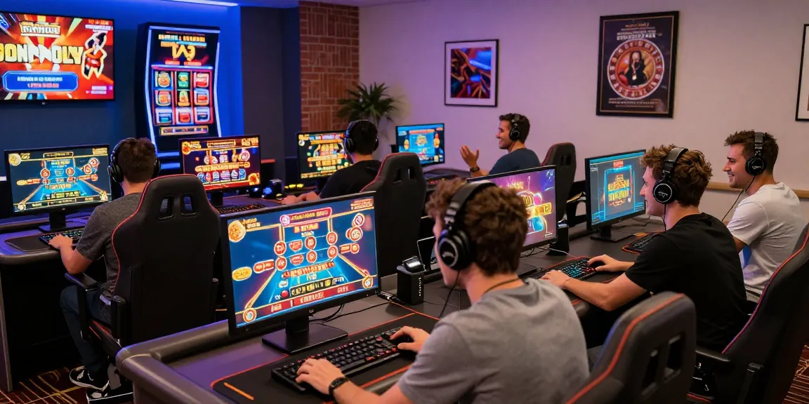 Excited players engaging with judi casino online games in a vibrant virtual setting with colorful screens and LED lighting.