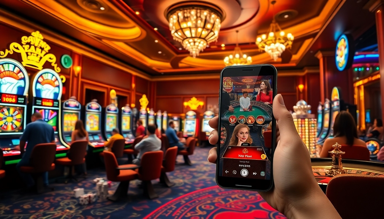 Pemain berinteraksi dengan aplikasi apk mega888 dalam suasana kasino yang meriah.