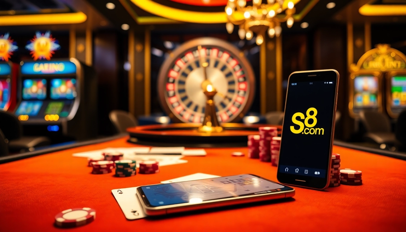 Experience thrilling play at s8.com with an engaging casino atmosphere highlighted by poker tables and vibrant chips.