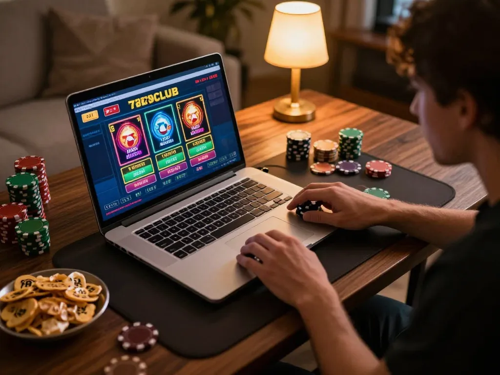 Enjoying a thrilling game on 789club in a cozy home setup, highlighting strategic online casino gameplay.