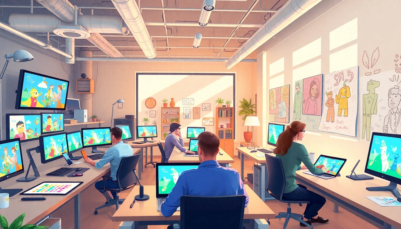 Erleben Sie 2D Animation in einem kreativen Studio mit lebhaften Illustrationen und Animatoren.