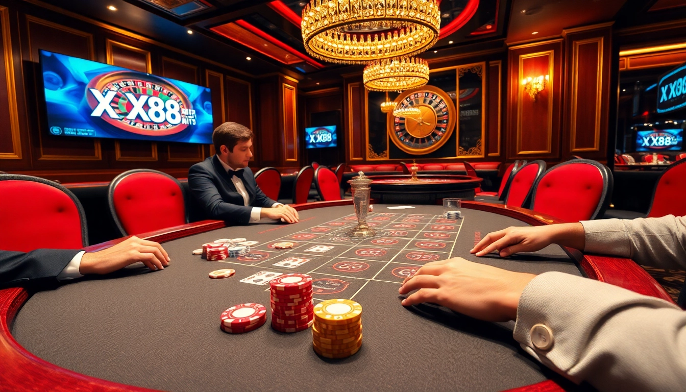 Players engaged in strategic poker gameplay with X88 strategies highlighted in a luxurious casino environment.