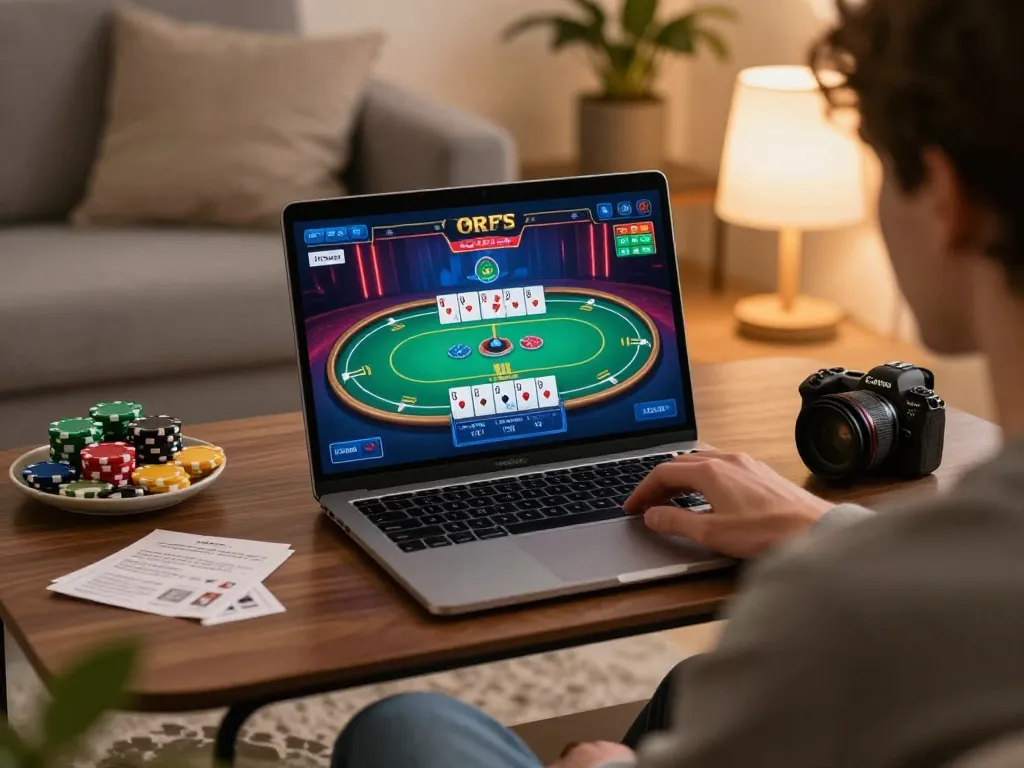 Engaged player on uu88ae using a laptop for online casino gaming with vibrant poker interface.